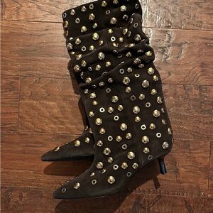 Zara Brown Heeled Boots with Gold Studs